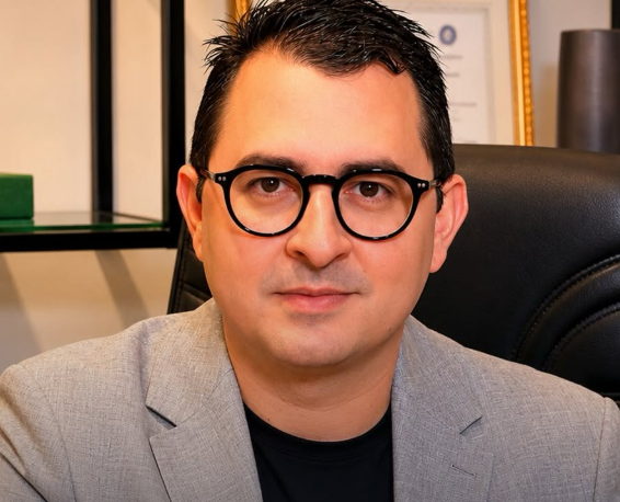 Dr. Juarez Silvestre de blazer cinza e óculos, sentado em seu consultório